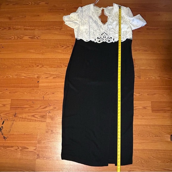 Vintage Jessica McClintock Gunne Sax Size 18W Black Ivory Lace Maxi Dress Slit - Picture 14 of 16